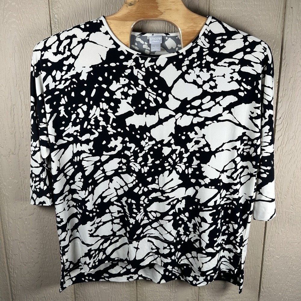 Chicos Travelers Tunic Womens Sz 14/16 Large Black Cream 3/4 Sleeves Slinky Knit